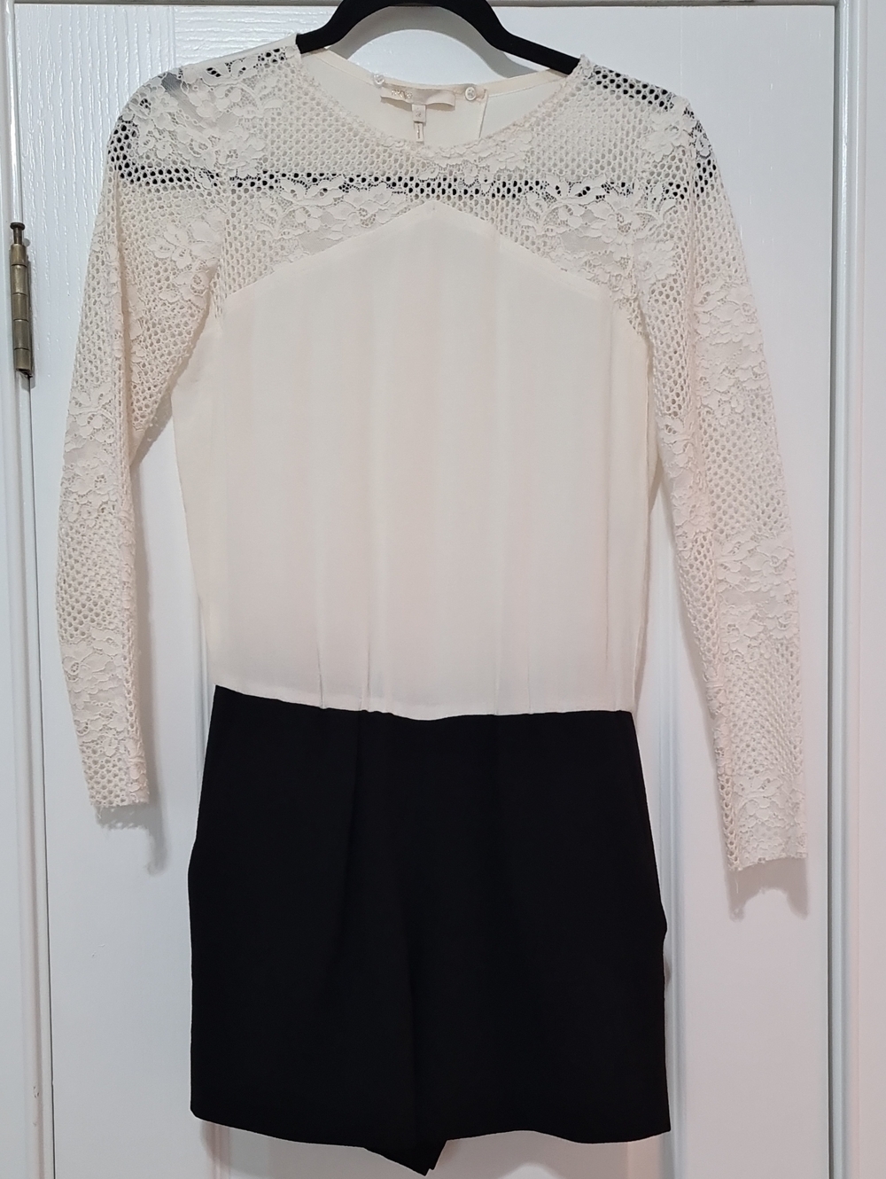 Maje - Women's Lace Yoke Long-Sleeve Two-Tone Playsuit - Cream and Black